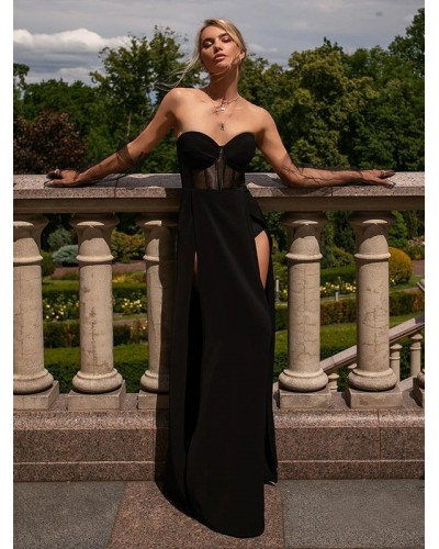 Women Birthday Party Dresses Black Strapless Sleeveless High Slit Semi Formal Maxi Dress Sexy Summer