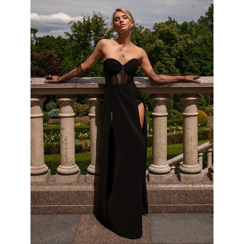 Women Birthday Party Dresses Black Strapless Sleeveless High Slit Semi Formal Maxi Dress Sexy Summer