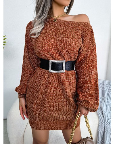 Women Knitted Dress Fashion Acrylic Long Sleeves One-Shoulder Dresses Classic  Traditional Winter