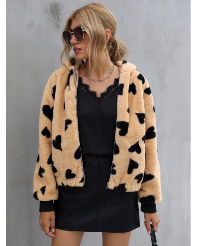 Faux Fur Coats Heart Print Winter Outerwear For Women Classic  Traditional Casual Street Wear Field