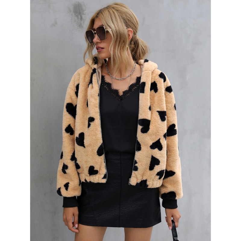 Faux Fur Coats Heart Print Winter Outerwear For Women Classic  Traditional Casual Street Wear Field