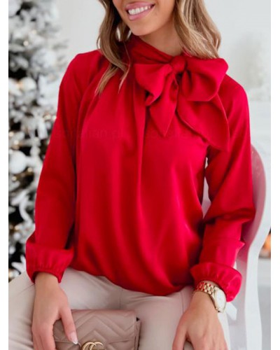 Women Blouse Red Stand Collar Lace Up Bowknot Layered Pleated Bows Long Sleeves T Shirt Casual Fall Winter