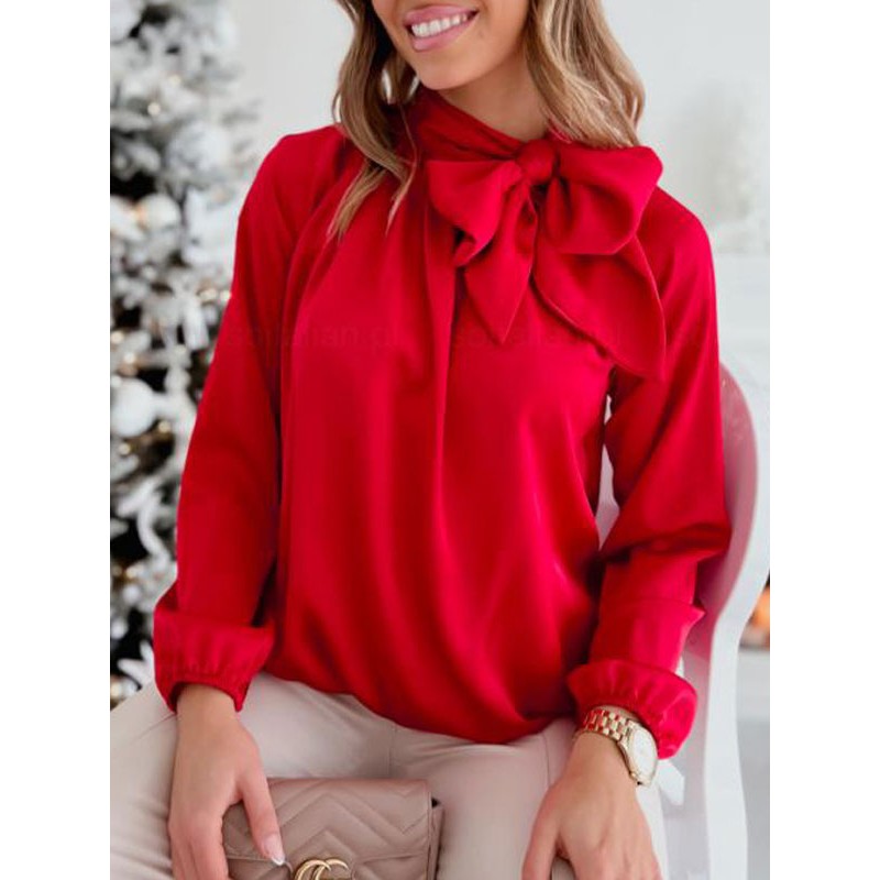 Women Blouse Red Stand Collar Lace Up Bowknot Layered Pleated Bows Long Sleeves T Shirt Casual Fall Winter