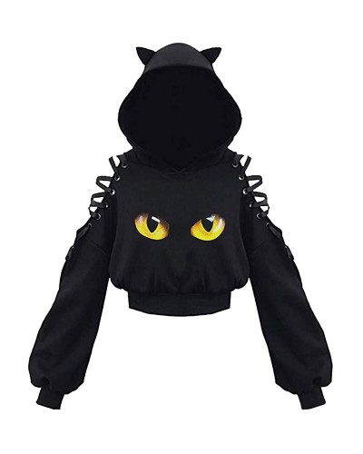 Women Hoodie Black Long Sleeves Cat Pattern Short Sweatshirt