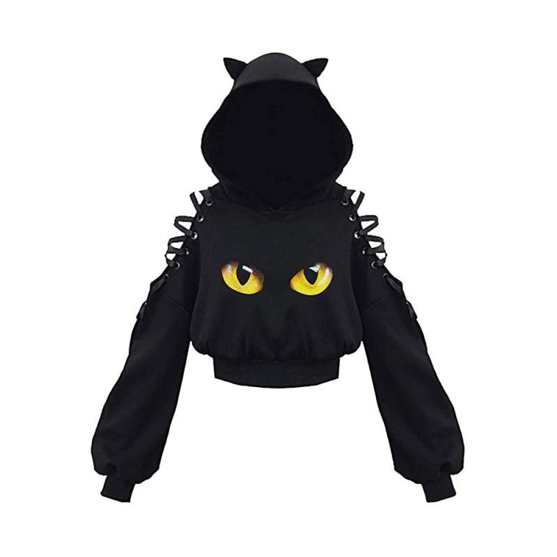 Women Hoodie Black Long Sleeves Cat Pattern Short Sweatshirt