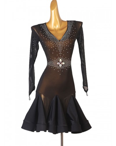 Latin Dance Costume Black Women's Polyester Dress Rhinestones Latin Dancer Dancing Costume Sexy Ball