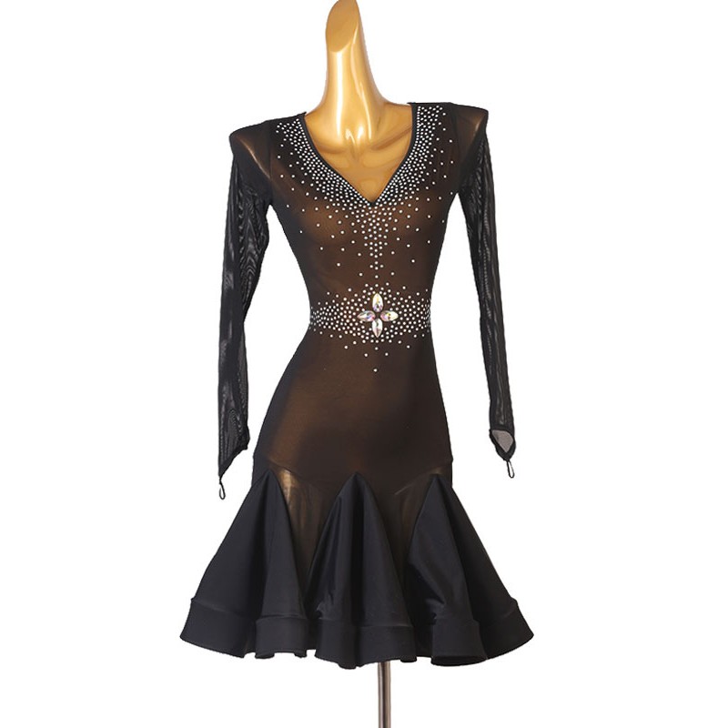 Latin Dance Costume Black Women's Polyester Dress Rhinestones Latin Dancer Dancing Costume Sexy Ball