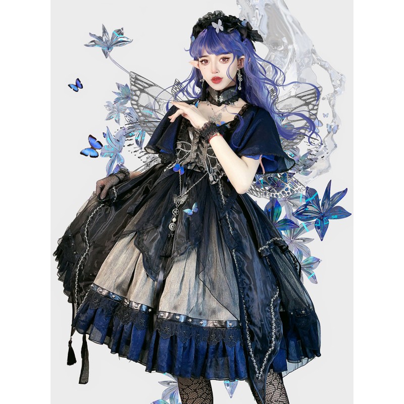 Gothic Lolita Dresses Metal Details Lace Butterfly Pattern Black Black