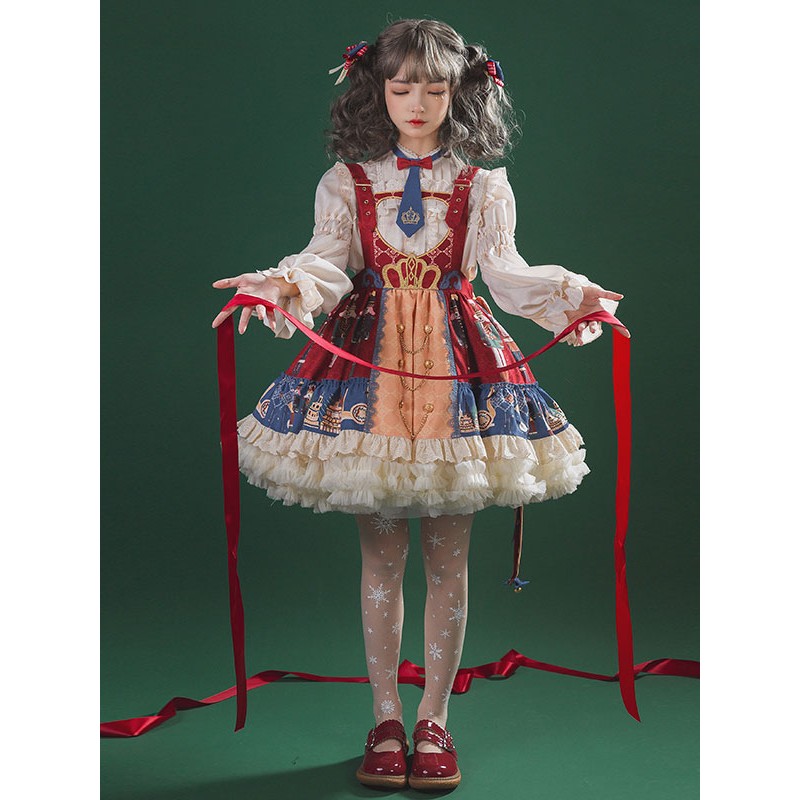 Sweet Lolita JSK Dress Tie 2-Piece Set Burgundy Polyester Sleeveless Lolita Jumper Skirt Outfit