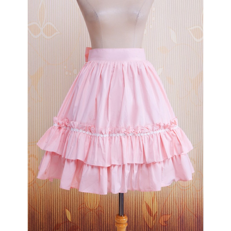 Cotton Pink Ruffles  Bow Lolita Skirt Sweet Summer Daily Casual