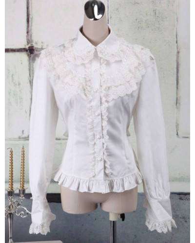 White Cotton Lolita Blouse Long Sleeves Lace Trim Turn-down Collar Ruffles Daily Casual