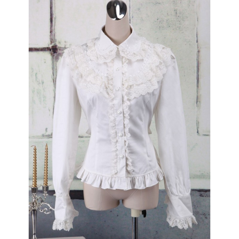 White Cotton Lolita Blouse Long Sleeves Lace Trim Turn-down Collar Ruffles Daily Casual