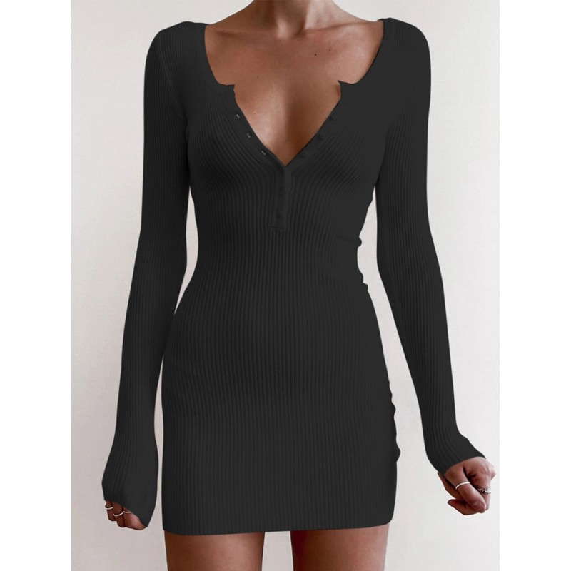 Women Sweater Dresses White V Neck Bodycon Dresses Long Sleeves Knitted Pencil Dress Casual Fall Winter