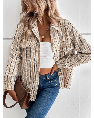 Women Jackets Long Sleeves Turndown Collar Plaid Fall Jacket Chic  Modern Casual Street Wear Daily Casual