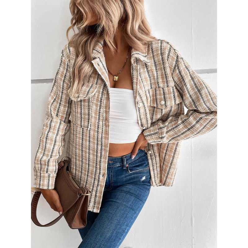 Women Jackets Long Sleeves Turndown Collar Plaid Fall Jacket Chic  Modern Casual Street Wear Daily Casual