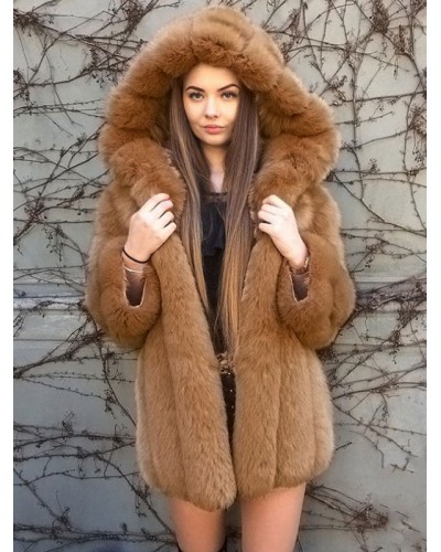 Women Faux Fur Coat Hooded Winter 2023 Midi Outerwear Casual Street Wear