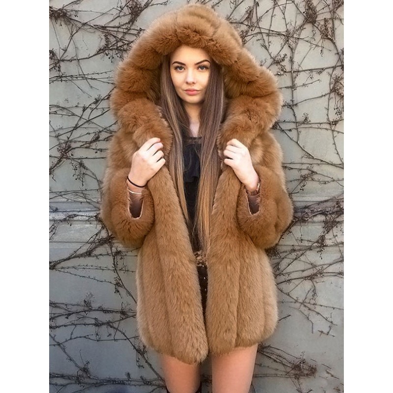 Women Faux Fur Coat Hooded Winter 2023 Midi Outerwear Casual Street Wear