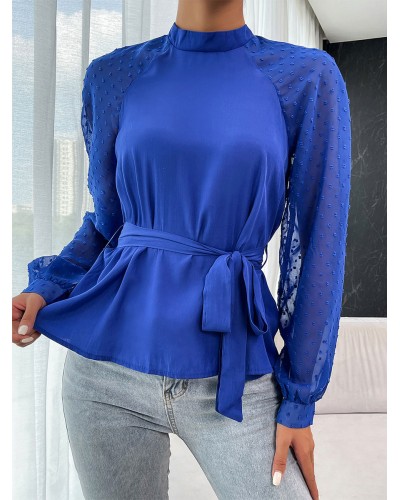 Long Sleeves Tees Blue Lace Up Jewel Neck T Shirt For Women Casual Street Wear Field