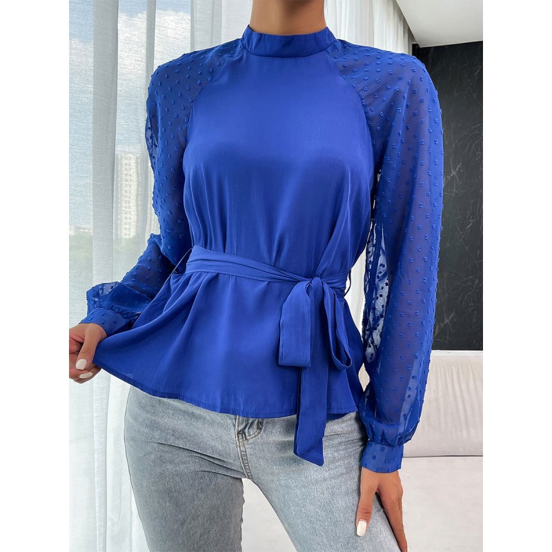 Long Sleeves Tees Blue Lace Up Jewel Neck T Shirt For Women Casual Street Wear Field