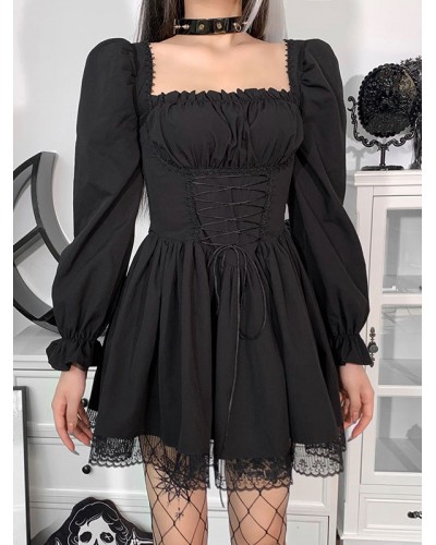 Women Midi Dress Black Square Neck Long Sleeves Lace Pleated Polyester Dress Gothic Cosplay