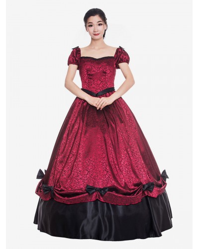 Women Victorian Dress Costume 's Burgundy Ruffle Bows Two Tone Satin Pageant Short Sleeves Sweetheart Neckline Victorian Era Style Vintage Clothing Halloween Sets Victorian Era