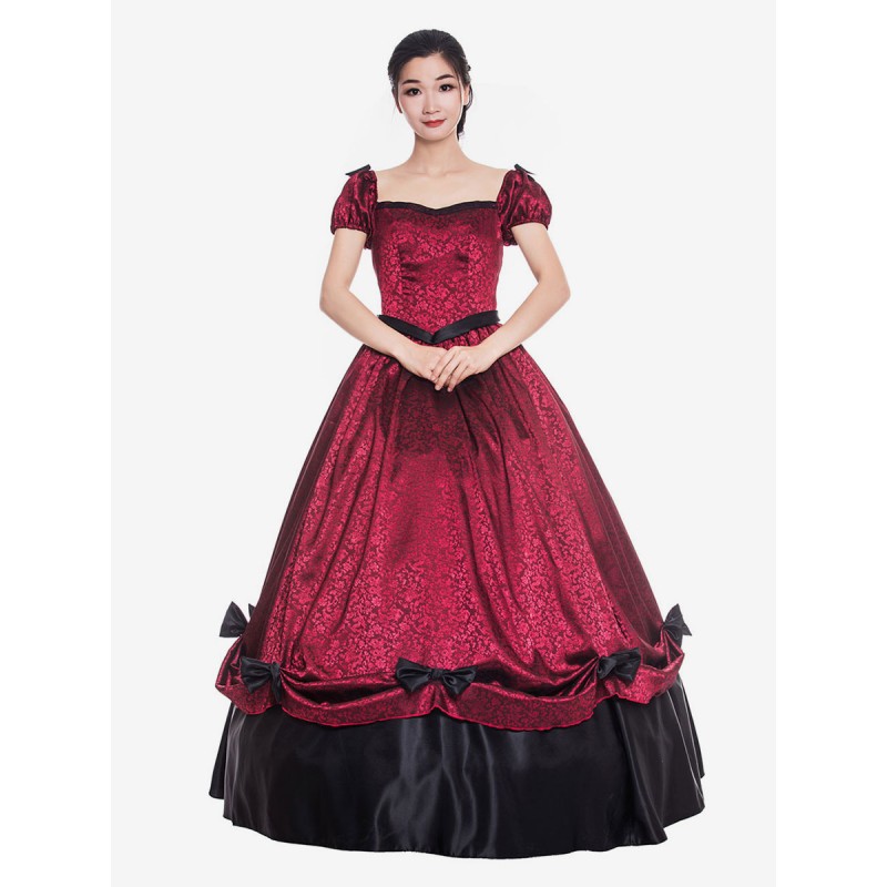 Women Victorian Dress Costume 's Burgundy Ruffle Bows Two Tone Satin Pageant Short Sleeves Sweetheart Neckline Victorian Era Style Vintage Clothing Halloween Sets Victorian Era