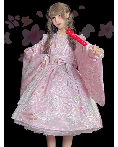 Chinese Style Lolita OP Dress Pink Floral Print Pattern Long Sleeve Bows Ruffles Lolita One Piece Dress