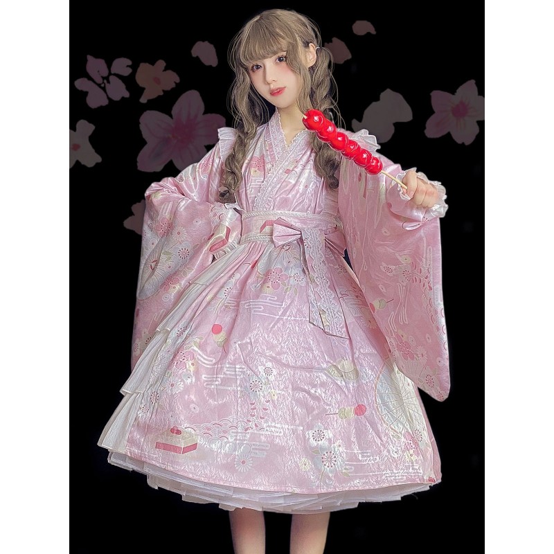 Chinese Style Lolita OP Dress Pink Floral Print Pattern Long Sleeve Bows Ruffles Lolita One Piece Dress