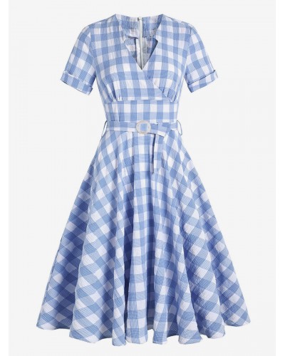 Women 1950s Audrey Hepburn Style Dress Baby Blue Plaid Pattern Short Sleeves V Neck Rockabilly Dress Vintage Daily Casual