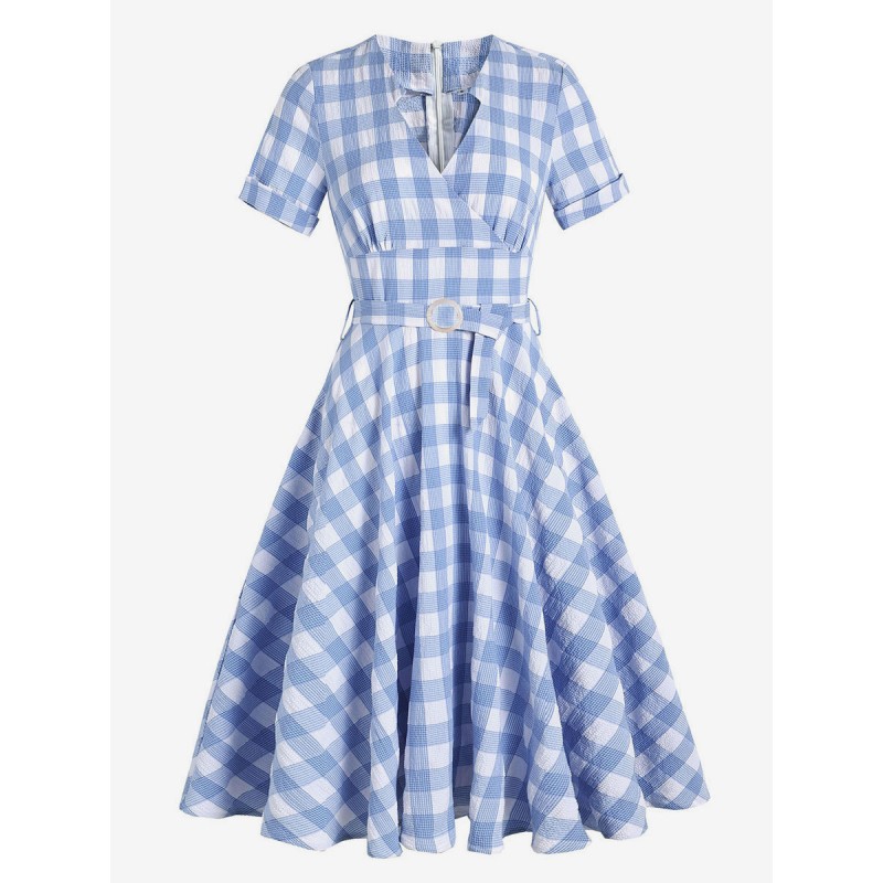 Women 1950s Audrey Hepburn Style Dress Baby Blue Plaid Pattern Short Sleeves V Neck Rockabilly Dress Vintage Daily Casual