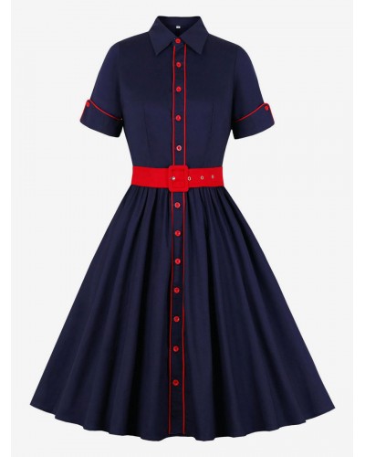 1950s Audrey Hepburn Style Dress Turndown Collar Buttons Short Sleeves Two-Tone Rockabilly Dress Vintage Street Wear Indoor Field