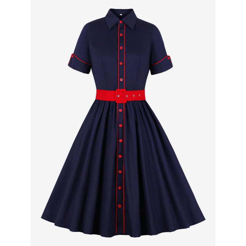 1950s Audrey Hepburn Style Dress Turndown Collar Buttons Short Sleeves Two-Tone Rockabilly Dress Vintage Street Wear Indoor Field