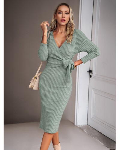 Knitted Dress For Women Beautiful Lace Up Long Sleeves Low-slit V-Neck Dresses Bodycon Daily Casual Dating