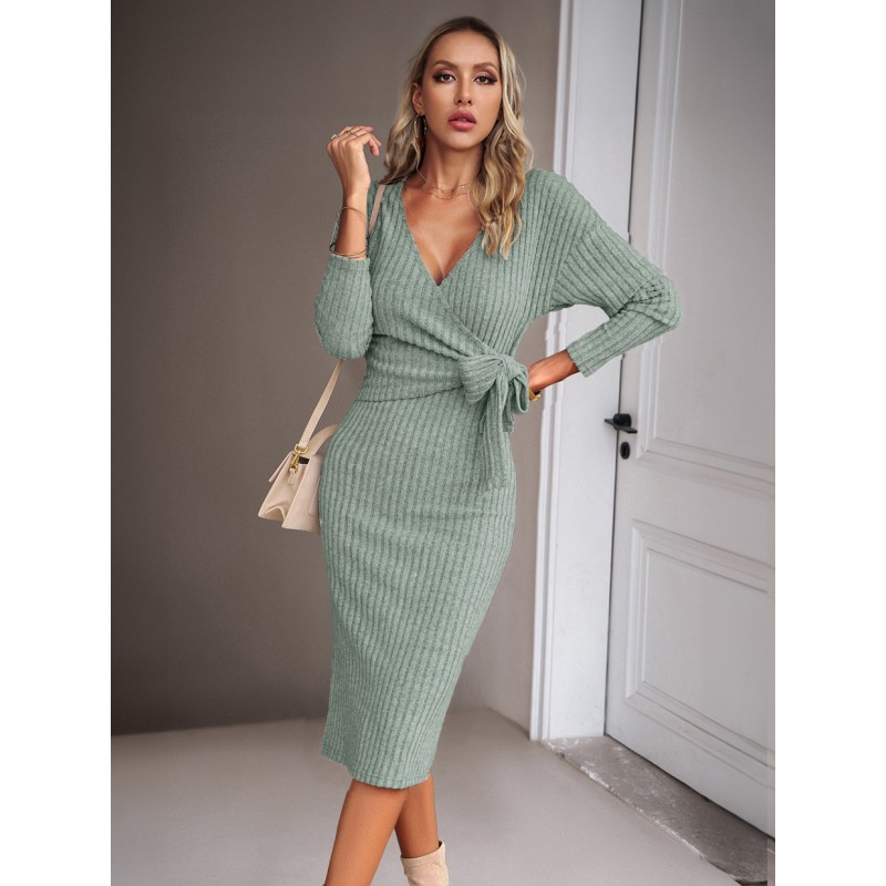 Knitted Dress For Women Beautiful Lace Up Long Sleeves Low-slit V-Neck Dresses Bodycon Daily Casual Dating