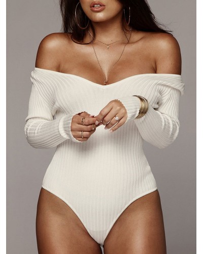 Women Bodysuit Ecru White Long Sleeves Bateau Neck Piping Stretch Cotton Top Sexy Spring Fall