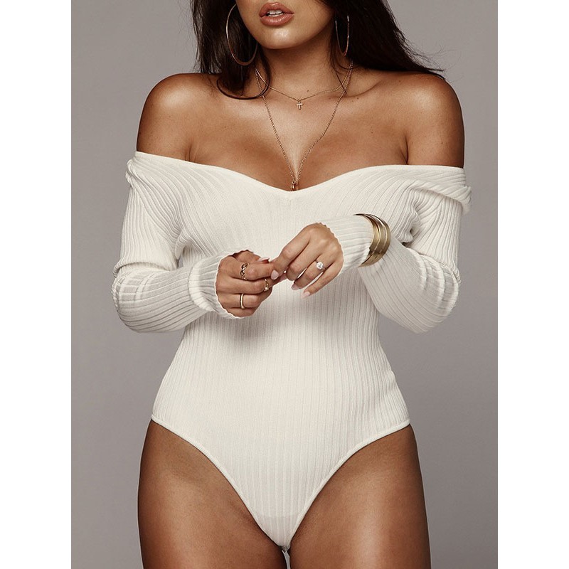 Women Bodysuit Ecru White Long Sleeves Bateau Neck Piping Stretch Cotton Top Sexy Spring Fall