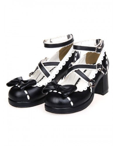 Sweet Lolita Chunky Heels Shoes Ankle Strap Bow Deco