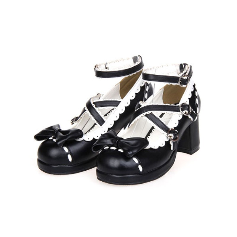 Sweet Lolita Chunky Heels Shoes Ankle Strap Bow Deco