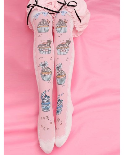 Sweet Lolita Stocking Velvet Printed Pink Lolita Socks Daily Casual