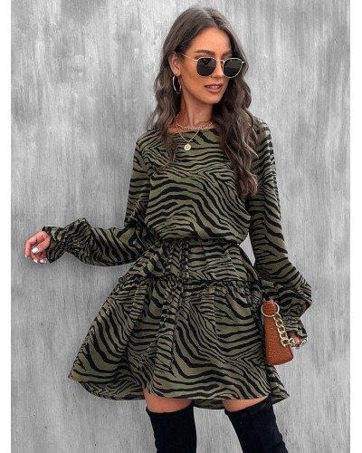 Mini Dresses Green Zebra Print Long Sleeves Short Dress Chic  Modern Spring Fall