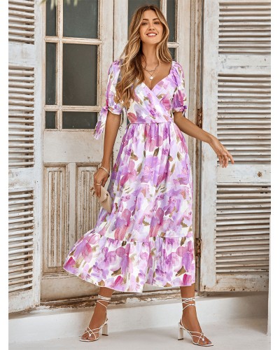 Women Floral Dress V-Neck Short Sleeves Casual Printed Midi Dress Summer Beach Resort Wear