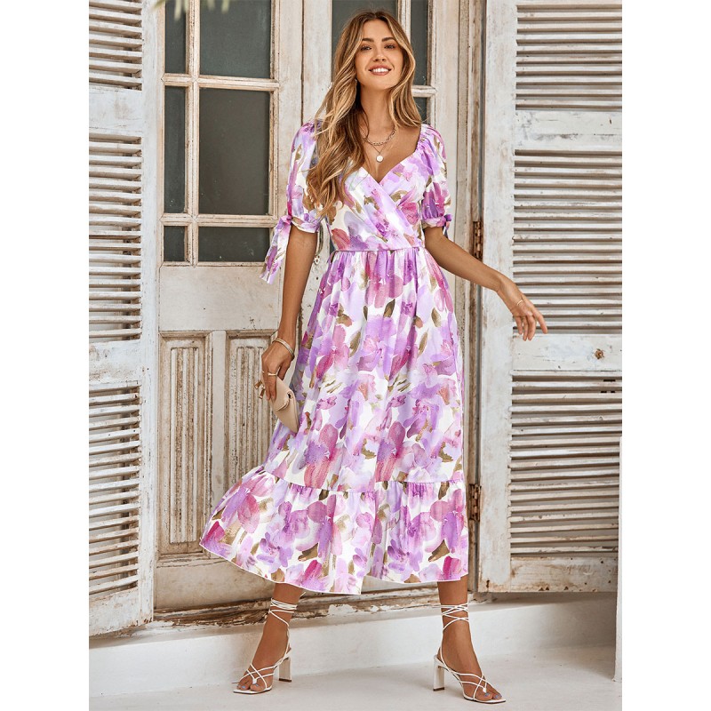 Women Floral Dress V-Neck Short Sleeves Casual Printed Midi Dress Summer Beach Resort Wear