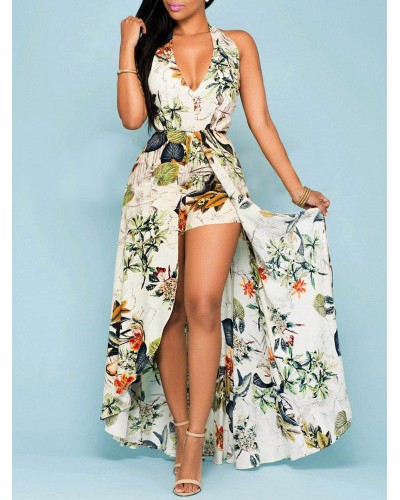 Women Maxi Dresses Sleeveless Apricot Floral Printed V-Neck Split Floor Length Dress Bohemian Summer