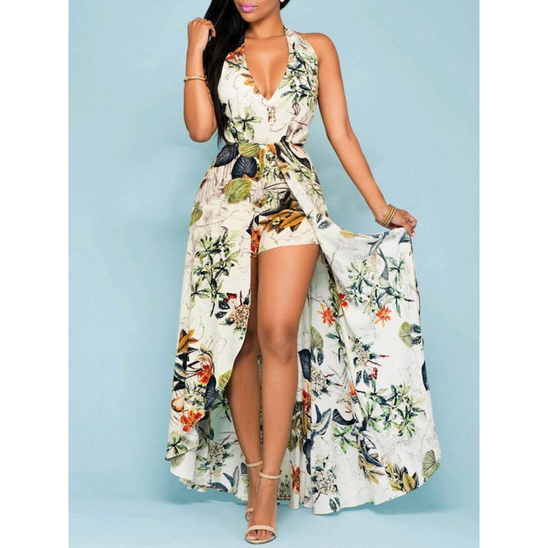 Women Maxi Dresses Sleeveless Apricot Floral Printed V-Neck Split Floor Length Dress Bohemian Summer