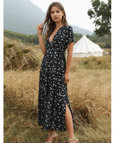 Boho Dress V Neck Short Sleeves Floral Print Summer Dresses Maxi Beach