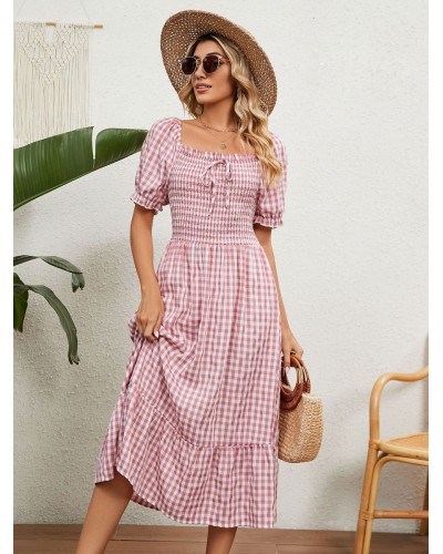 Women Barbie Pink Gingham Dress Pink Square Neck Plaid Midi Dress Sweet Chic  Modern Spring Summer Fall