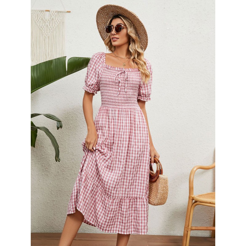 Women Barbie Pink Gingham Dress Pink Square Neck Plaid Midi Dress Sweet Chic  Modern Spring Summer Fall