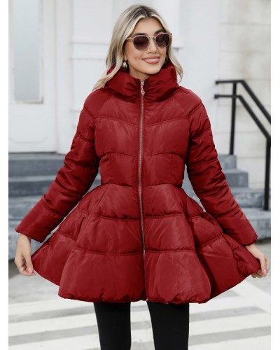 Coat For Women Stand Collar Zipper Pockets Outerwear Quilted Coat Fall Winter