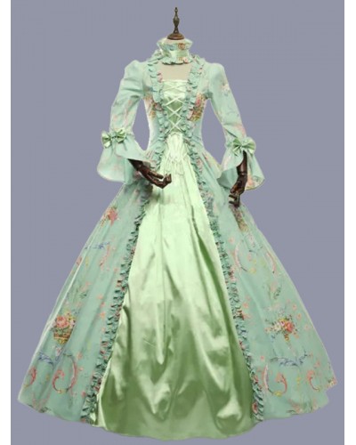 Women Green Costumes Ruffles Polyester Floral Print Dress Marie Antoinette Costume 's Party Prom Dress Tunic Retro