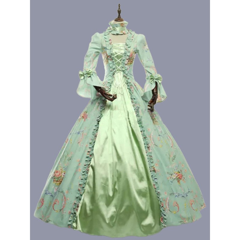 Women Green Costumes Ruffles Polyester Floral Print Dress Marie Antoinette Costume 's Party Prom Dress Tunic Retro